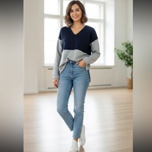 Madewell Womens Colorblock V-Neck Top with Back Zipper Gray and Blue Size XS